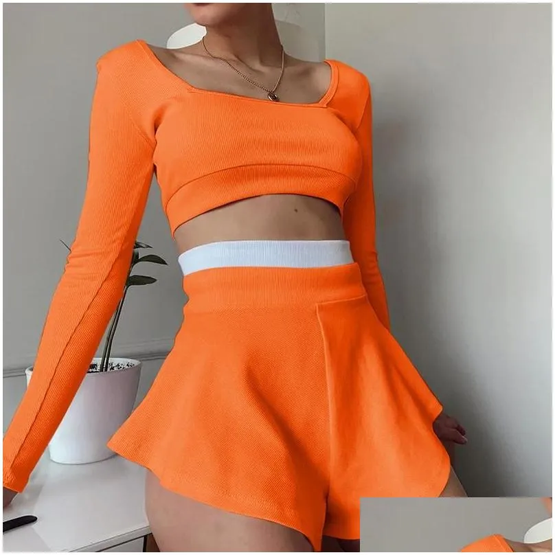 Women`s Tracksuits Casual Summer Women`s Sportswear Shorts Skirt Suit Long-sleeved Stitching Slim Sexy Tights And Loose Mini Two-piece