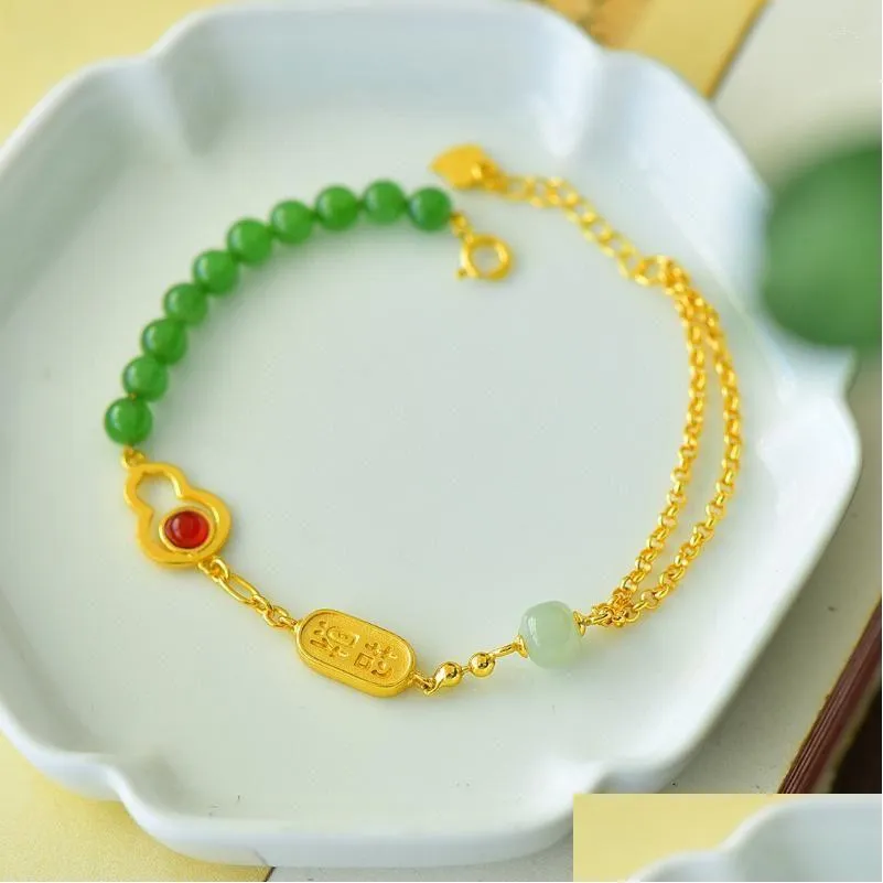 Link Bracelets 2023 Woman Bracelet Gothic Imitation Natural Hetian Jade  Green Round Beads Gold Plated Gourd Chinese Style