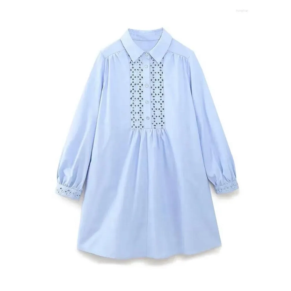 Casual Dresses Hollow Out Solid Shirt Dress 2023 Women Summer Turndown Collar Lantern Sleeve Embroidered Mini Fashion Vestidos