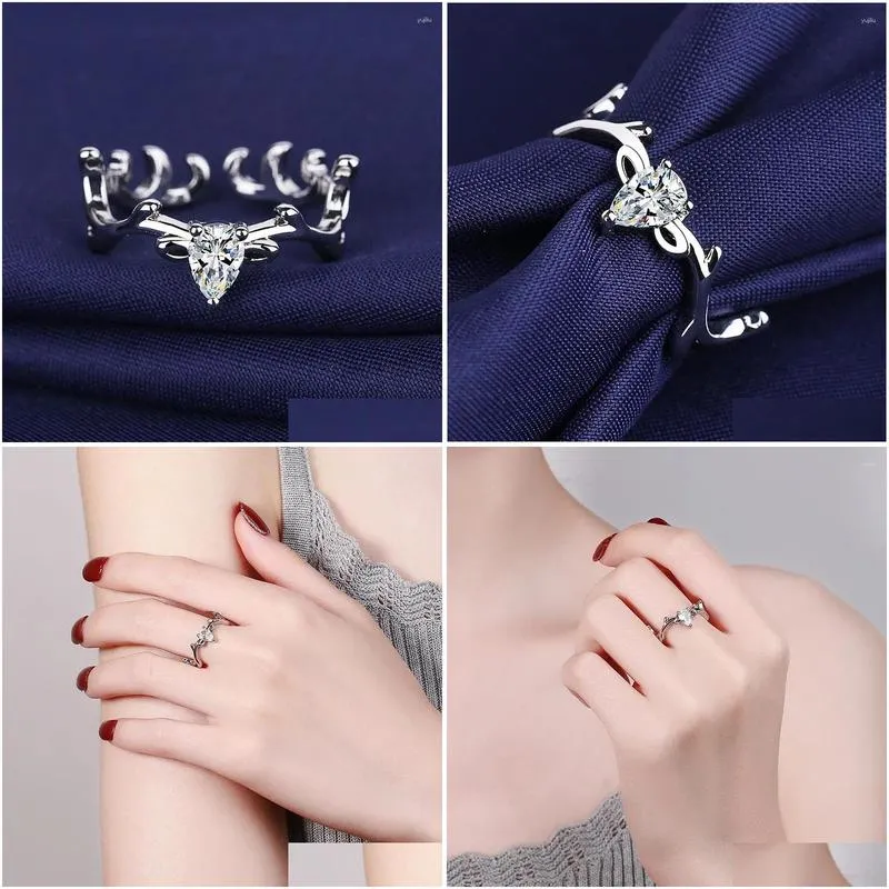 Cluster Rings Fashion Christmas Elk Antler Crystal Opening Ring Romantic Love Couple Women`s Party Jewelry Gift