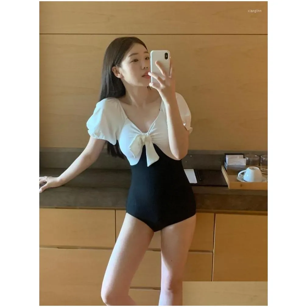 Women`s Swimwear Ladies Korea 2022 Girl Bow Black White Color Matching Monokini Japanese High Waist Slim One-piece Swimsuit Women