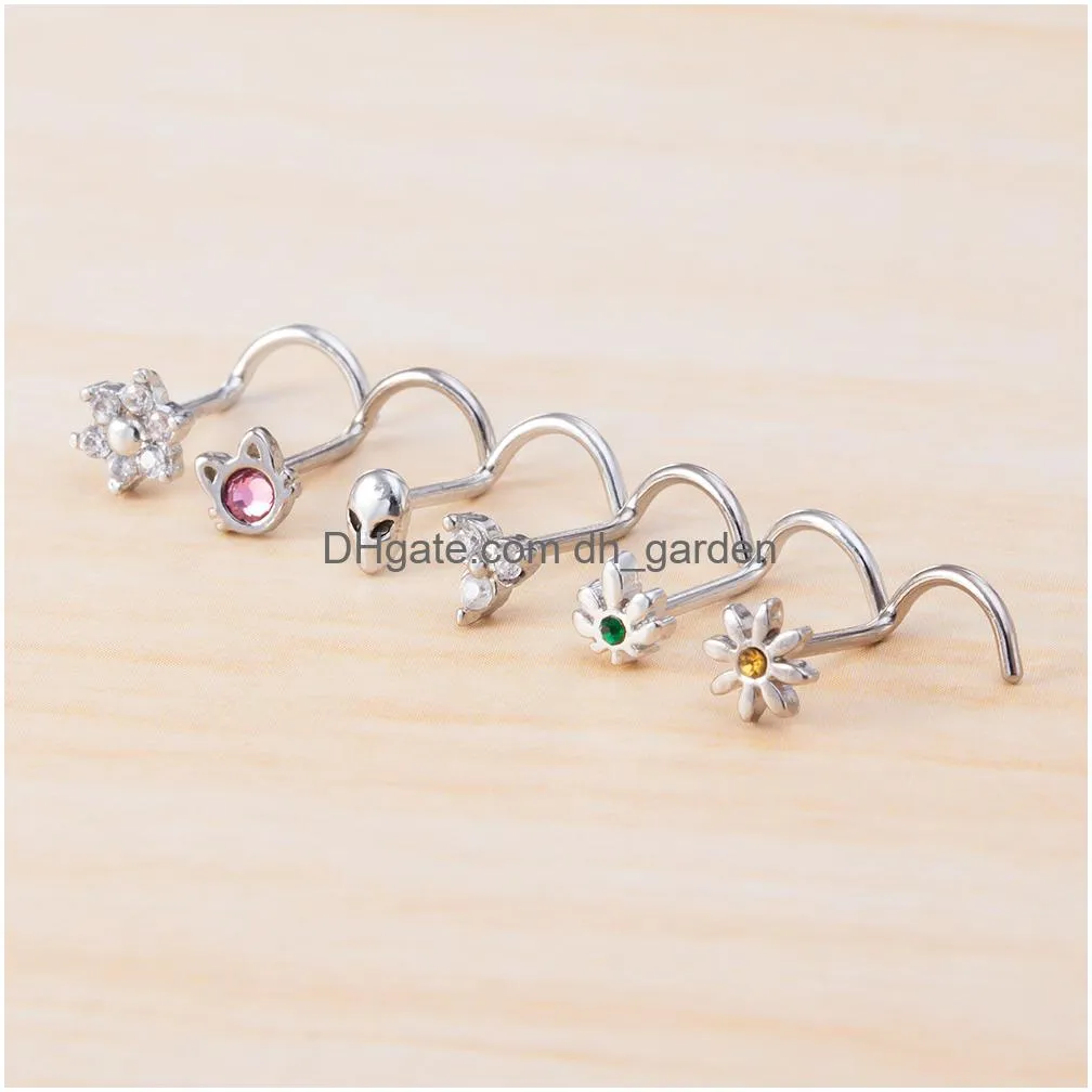 Nose Rings & Studs Bent Nosed Nail Zircon Water Diamond Leaf Flower Cat Hoop Body Piercing Women Fashion Accessories Drop De Dhgarden Dhxba