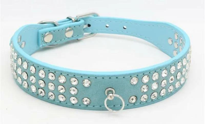 personalized Length Suede Skin Jeweled Rhinestones Pet Dog Collars Three Rows Sparkly Crystal Diamonds Studded Puppy Dog Collar