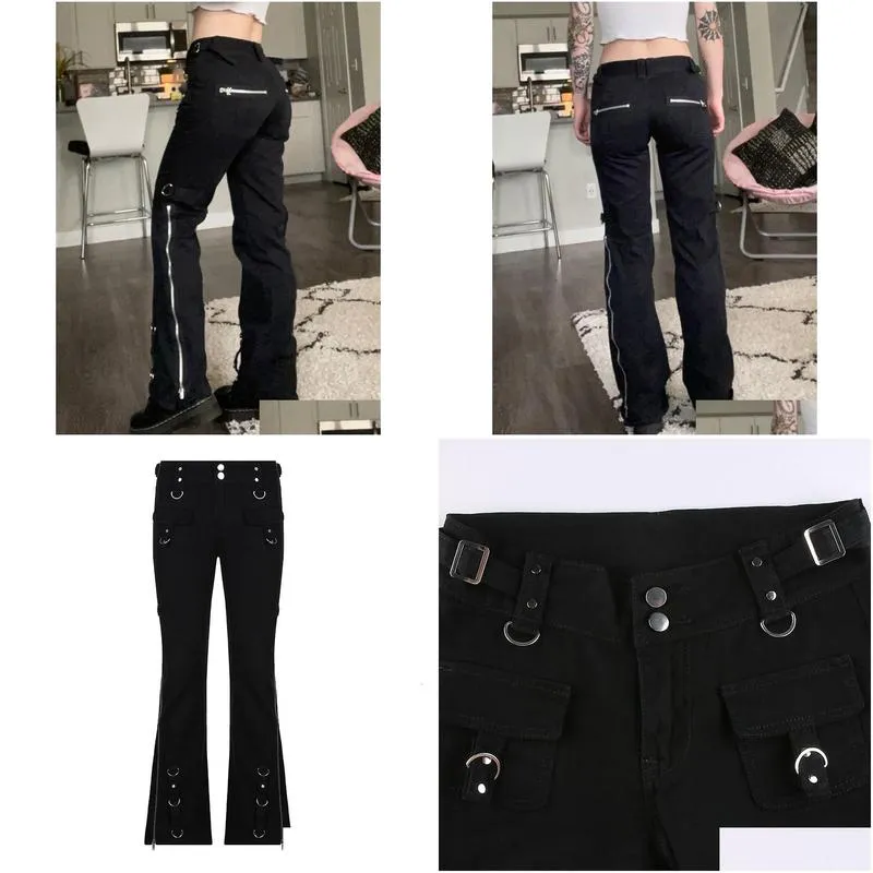 Women`S Jeans Womens Suchcute Punk Rivets Zipper Black Straight Gothic Low Waist Women Denim Trousers Aesthetic Streetwear Dark Acade Dhmus