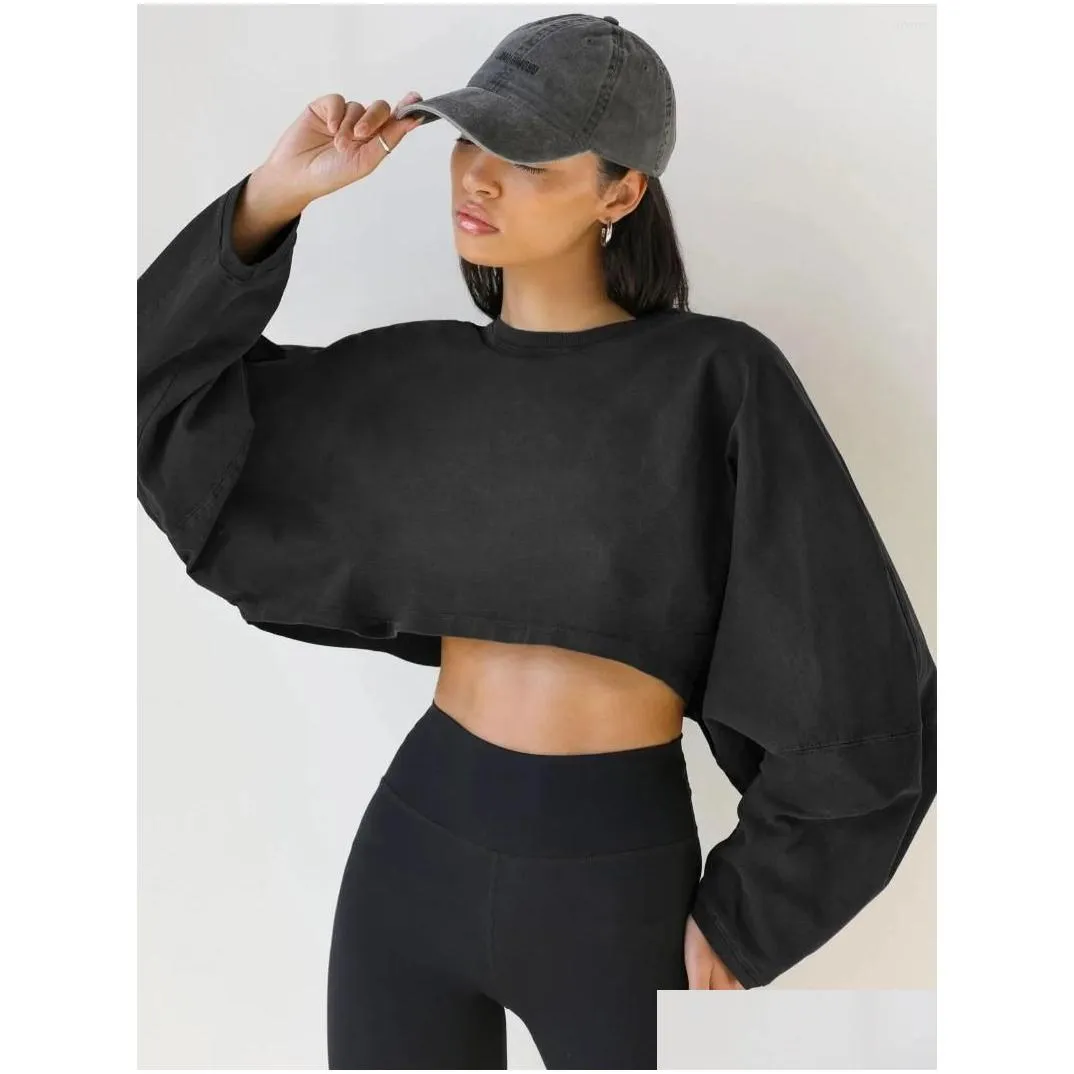 Gym Clothing Women Long Sleeve Short Y2k Crop Top Fashion Round Neck Knitted Sweatshirts Ladies Spring Autumn Solid Color Loose