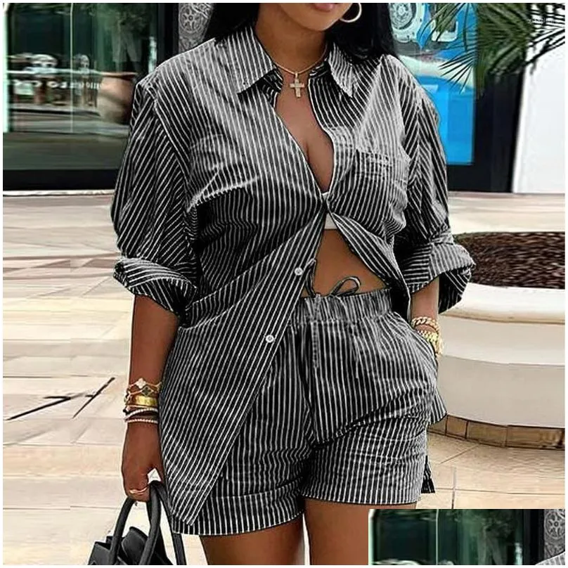 Women`s Tracksuits Vintage Shorts Sets For Women Two 2 Piece Set Outfits 2023 Summer INS Clothes Full Sleeve Shirt Top And Suits Woman