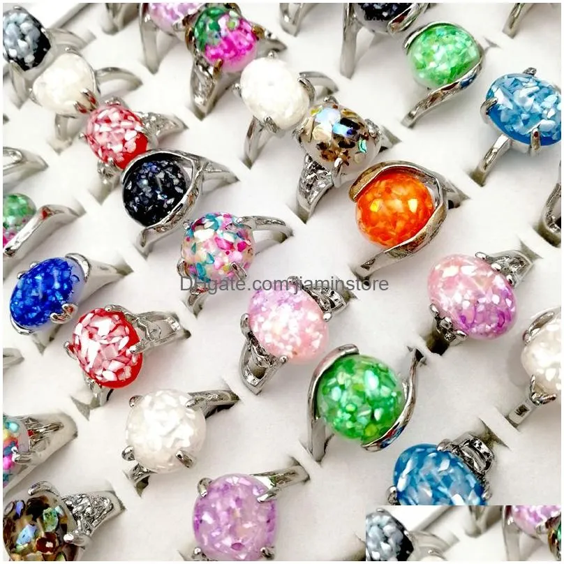 Fashion 30pcs/lot 100% Natural gemStone band Ring Vintage Silver Shell Broken metal finger rings Fit Women and Men charm Jewelry Party