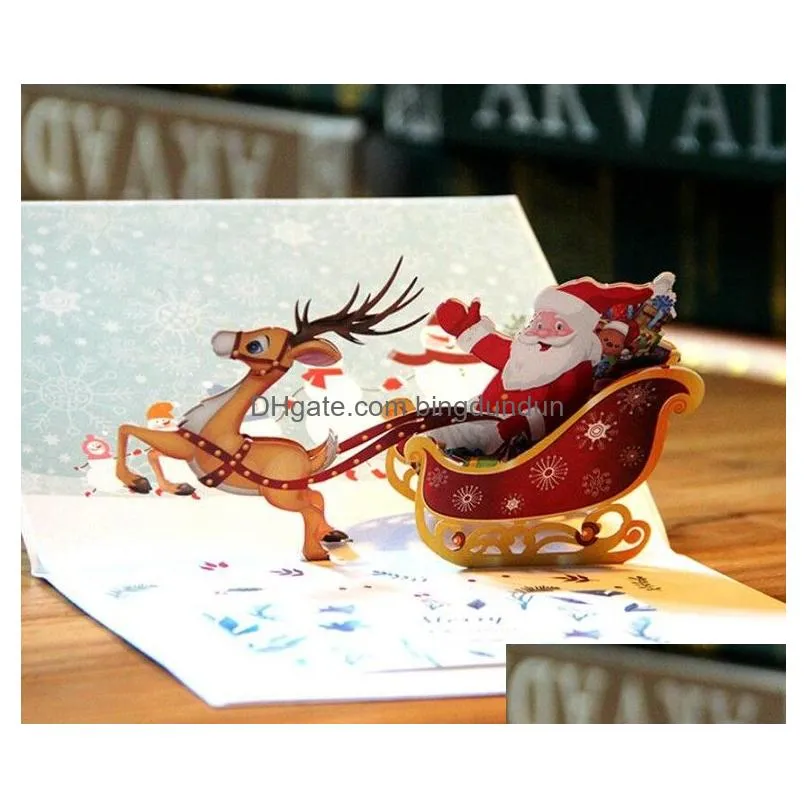 3D Up Christmas Greeting Card Laser Cut quotMerry Christmasquot Deer Santa 3d Red Gold Cards With Envelope 10 pieces per lot3047325