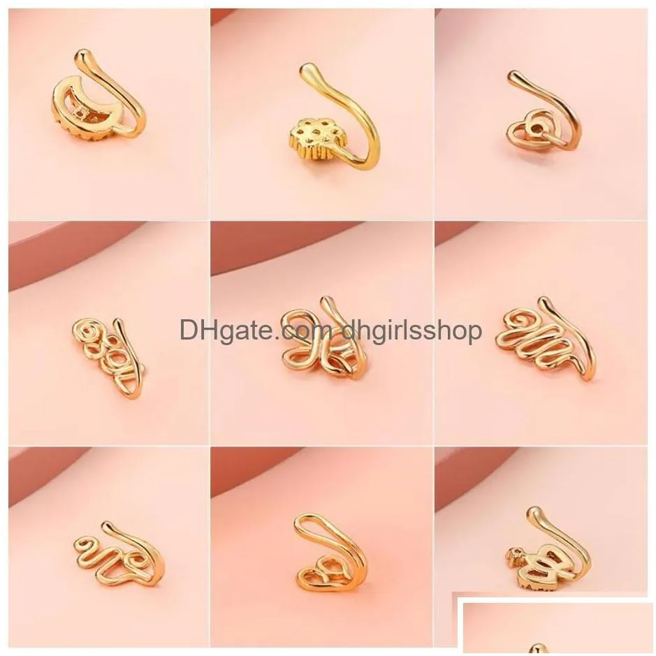 Nose Rings Studs Gold Fake Piercing Clip Ring Cuff Body Jewelry For Women New Trend Ear Cuffs Heart Cross Flowers 22 Styles Drop De