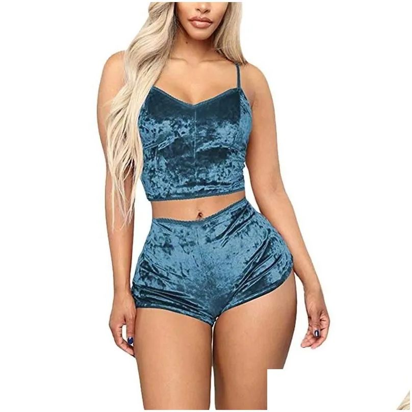 Women`s Sleepwear Women Spaghetti Straps Velvet Pajamas With Shorts Pajama Set Sexy 2pcs 2021 -sale