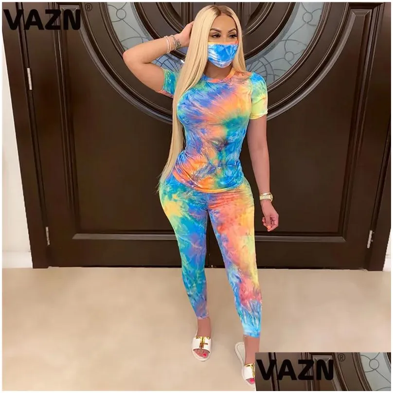 Women`S Two Piece Pants Vazn Stie Dye Print Colorf Y Tops Leggings 3 Pieces Set With Mask Casual Beach Clothing Ladies Women Sets T20 Dhapu