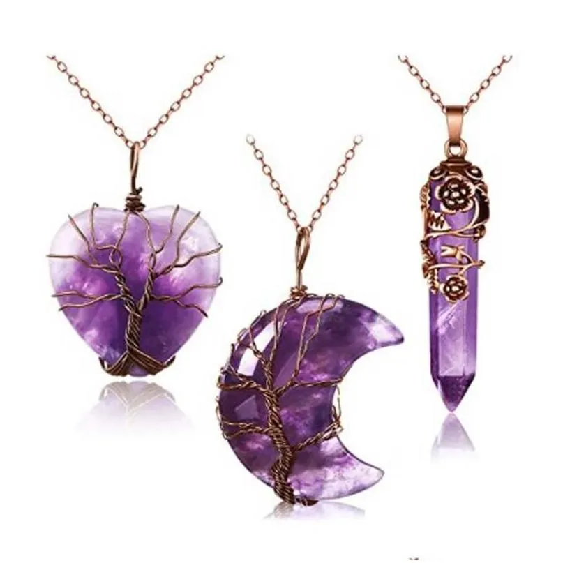 Pendant Necklaces KFT 3PCS Natural Healing Crystal Necklace Tree Of Life Crescent Moon Heart Flower Wrapped Hexagonal Quartz Reiki