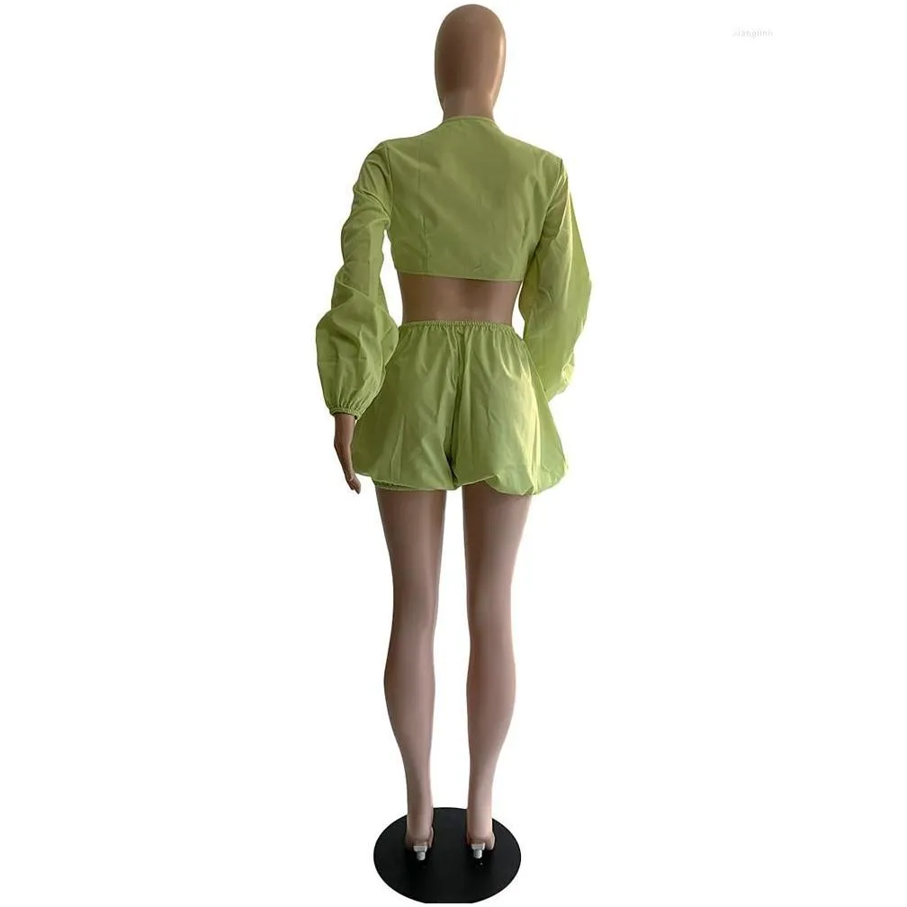 Women`s Tracksuits Early Autumn Women` Short Sets 2 Piece Matching Suits Deep V Neck Long Sleeve Crop Tops And Elastic Waist Lantern