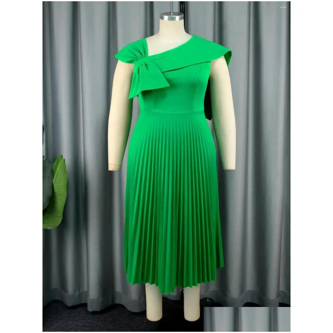 Plus Size Dresses 4XL Women Green A-Line Dress Bow Short Sleeve Pleated Elegant Fashion African Formal Evening Event Outfits Summer