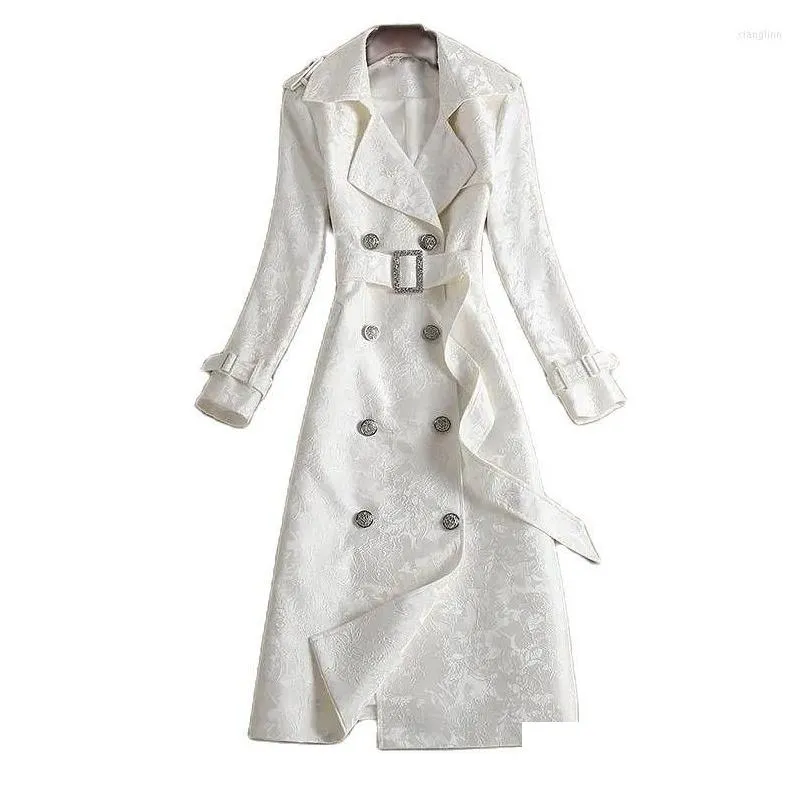 Women`s Trench Coats Temperament Jacquard Windbreaker Female 2022 Autumn High-End Long Lapel Fashion White With Belt Receive Waist