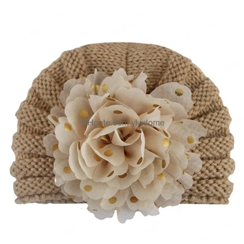 Caps & Hats 17X13 Cm Solid Color Handmade Knitted Wool Newborn Cloghet Elastic Fashion Golden Dots Flower Bonnet Children Headwear Dro Dh0Cx