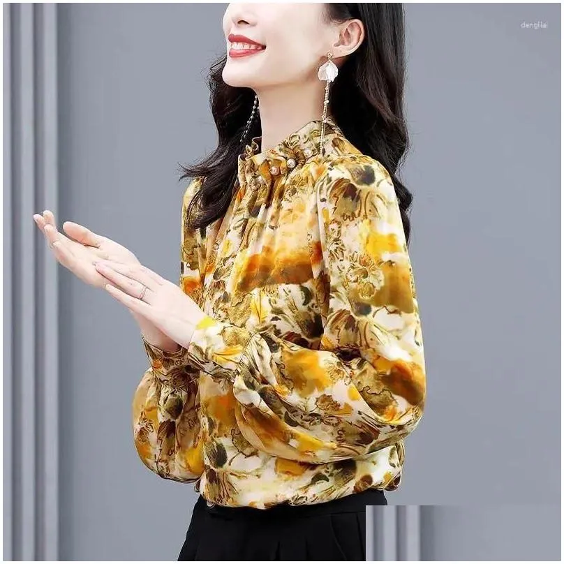 Women`s Blouses Spring Autumn Stand Collar Blouse Vintage Printed Clothing Spliced Long Sleeve Fashion Folds Pearl Beading Loose Shirt