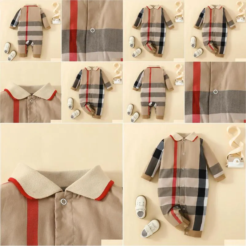 Baby jumpsuit with versatile lapels for newborns, plaid long sleeved underwear, cotton casual baby crawling clothes for boys and girls