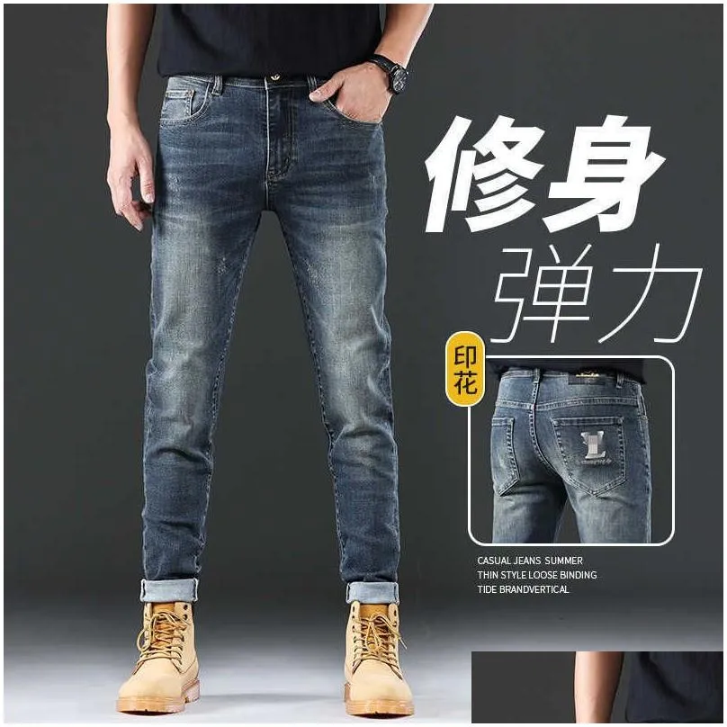 Men`s Jeans designer Autumn Fashion Brand Korean Slim-fit pants Slim Fit Thick Embroidered Blue Grey Pants L1E8