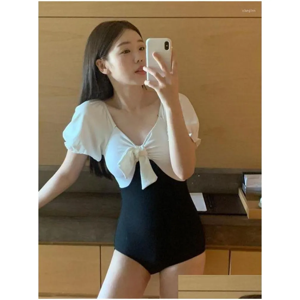 Women`s Swimwear Ladies Korea 2022 Girl Bow Black White Color Matching Monokini Japanese High Waist Slim One-piece Swimsuit Women