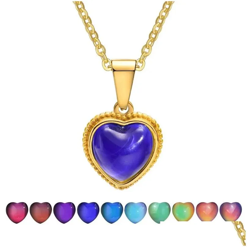 Pendant Necklaces Fashion Temperature Change Color Stone Necklace For Women Stainless Steel Heart Collar Gift To Mom Girls Jewelry