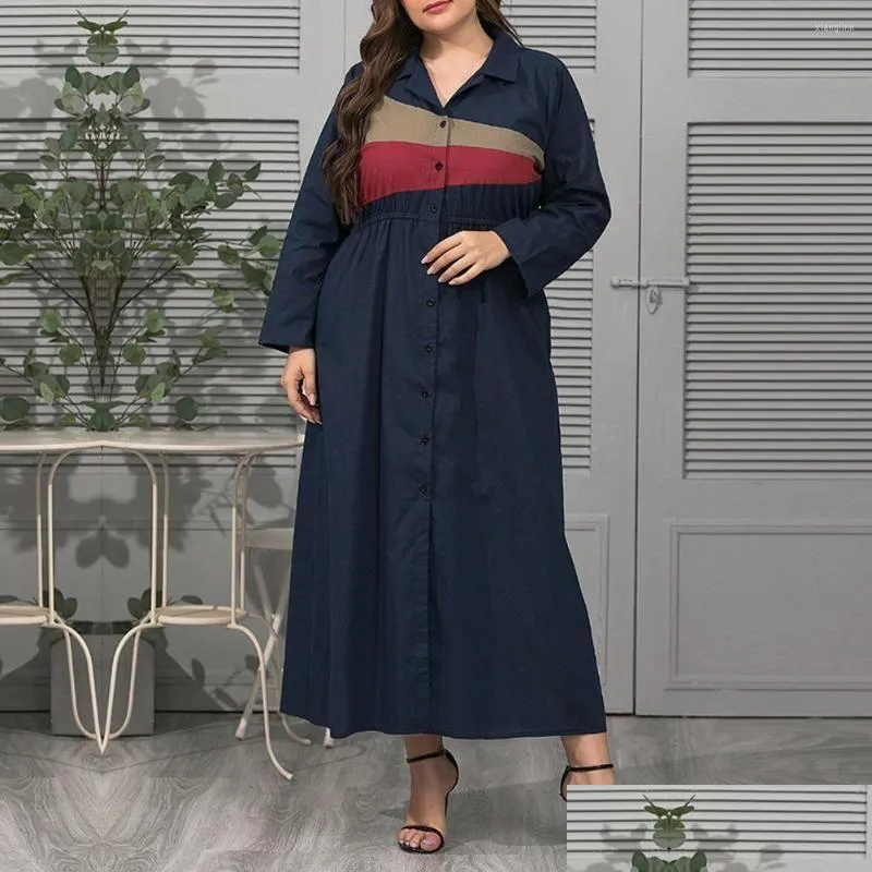 Plus Size Dresses Women Elegant Maxi Dress Fashion Long Sleeve Party Evening Lapel Collar Stitching Casual