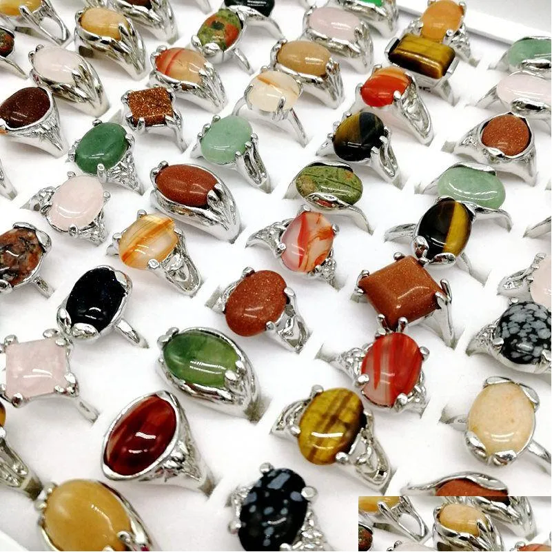 30 Pieces/lot Rainbow Natural Band Gem Stone Rings For Women Men Mix Bohemian Style Designs Couples Designer Jewelry Engagement Accessories Gift