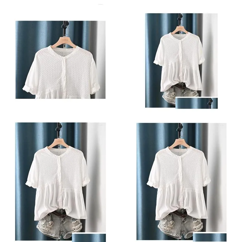 Women`s Blouses Lamtrip Unique Brief Patchwork Stand Collar Single Breasted Short Sleeve White Shirt Blouse 2023 Summer