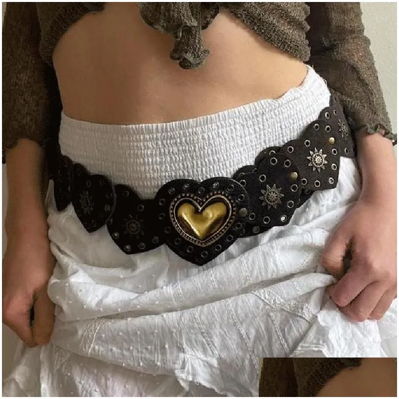 Belts Rivet Metal Buckle Vintage Adjustable Brown Belt Hollow Out Heart Shaped Y2K Fairycore Grunge Waistband Women Accessories