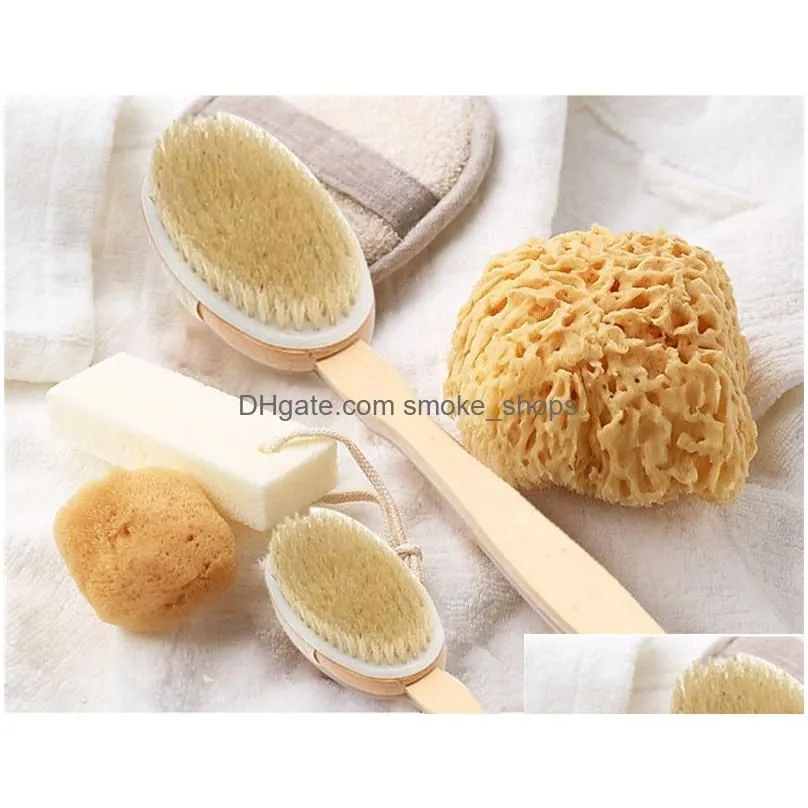 Bath Brushes Sponges Scrubbers Long Handle Body Brushes For Shower Wooden Boar Bristles Brush Back Skin Drop Delivery Home Garden