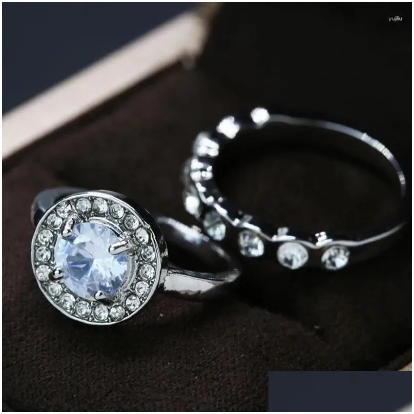 Cluster Rings Elegant White Stone Zircon Luxury Engagement Silver Color Round Set Party Anniversary Wedding For Women