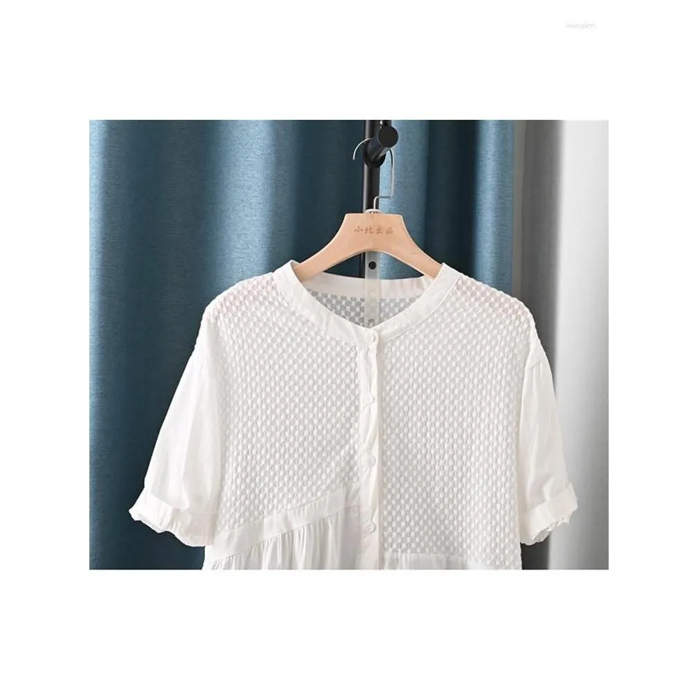 Women`s Blouses Lamtrip Unique Brief Patchwork Stand Collar Single Breasted Short Sleeve White Shirt Blouse 2023 Summer