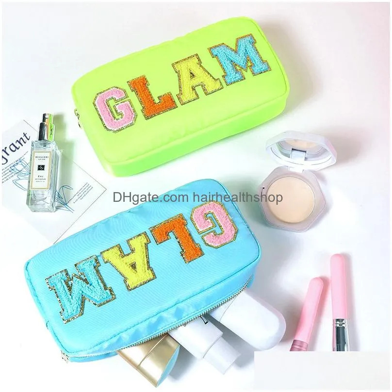 Nylon Cosmetic Bag Chenille Letter Makeup Pouch Zipper Make Up Waterproof Bags with Patches Stuff Organizer for Women