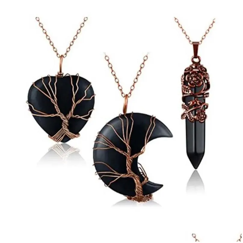 Pendant Necklaces KFT 3PCS Natural Healing Crystal Necklace Tree Of Life Crescent Moon Heart Flower Wrapped Hexagonal Quartz Reiki