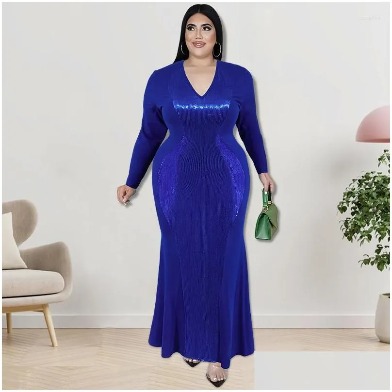 Plus Size Dresses 2023 Elegant Glitter V Neck 4xl 5xl Dress Sexy Long Sleeve Club Fashion Evening Party Autum 3xl 6xl