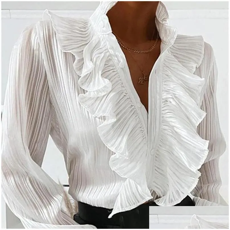 Women`s Blouses & Shirts 2021 Fashion Ladies Casual Solid Blouse Shirt Girls Summer Autumn Long Sleeve Ruffle Loose For Vacation1