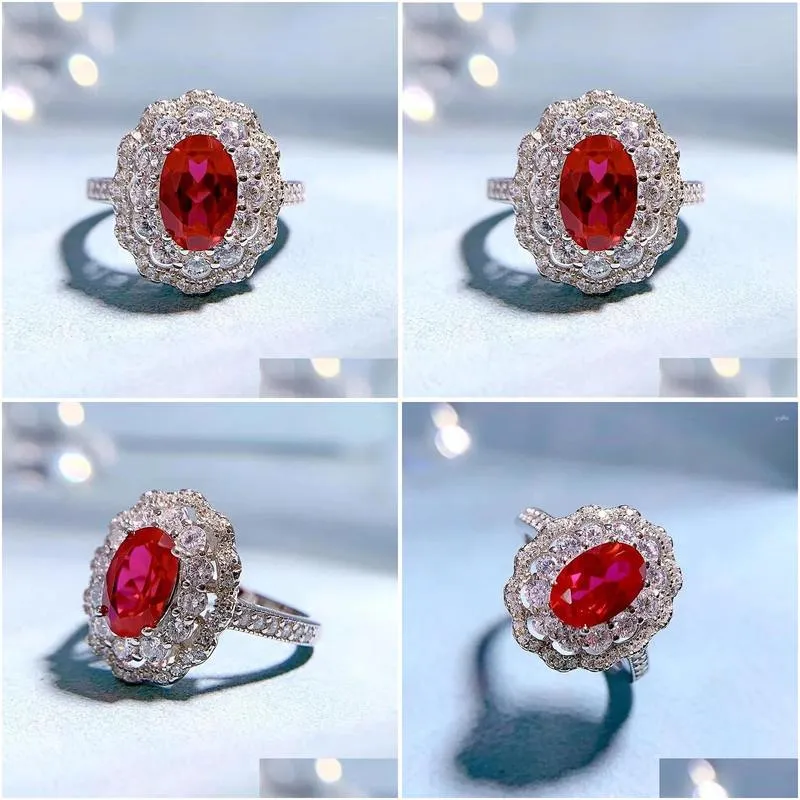 Cluster Rings 2023 925 Silver High Carbon Diamond Ring Female 6 9 Personality Fashion Blood Red Heavy Work Gem