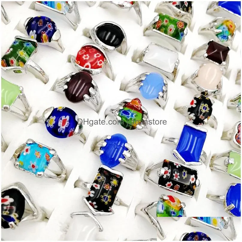 New 30 Pieces/lot Natural gemStone Ring finger band Mix Style flower Designs fit Women`s and Men`s fashion party charm Jewelry girl kid