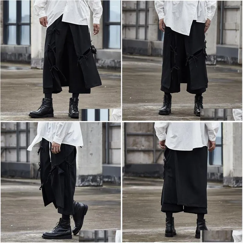 Men`s Pants Men Ribbon Splice Loose Casual Black Wide Leg Pan Male Japan Streetwear Hip Hop Gothic Punk Harem Trousers Kimono Skirt