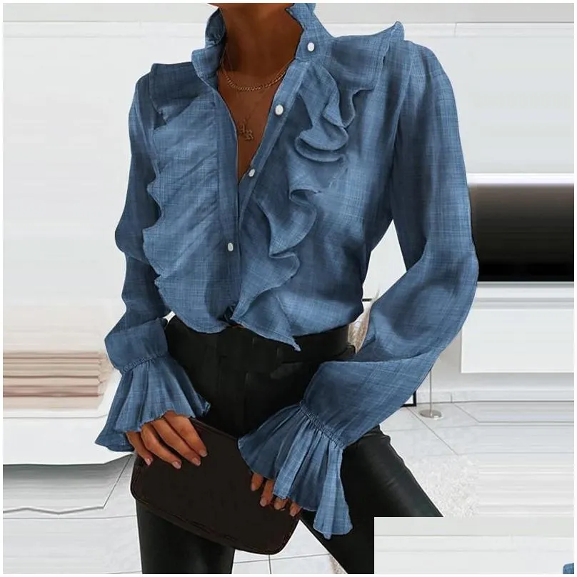Women`s Blouses & Shirts 2021 Fashion Ladies Casual Solid Blouse Shirt Girls Summer Autumn Long Sleeve Ruffle Loose For Vacation1