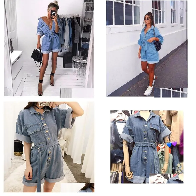 Women Casual Summer Denim Romper High Waist Jeans Overall BF Wide Leg Jumpers Lapel Pocket Shorts Jumpsuit Playsuit Bodysuits1