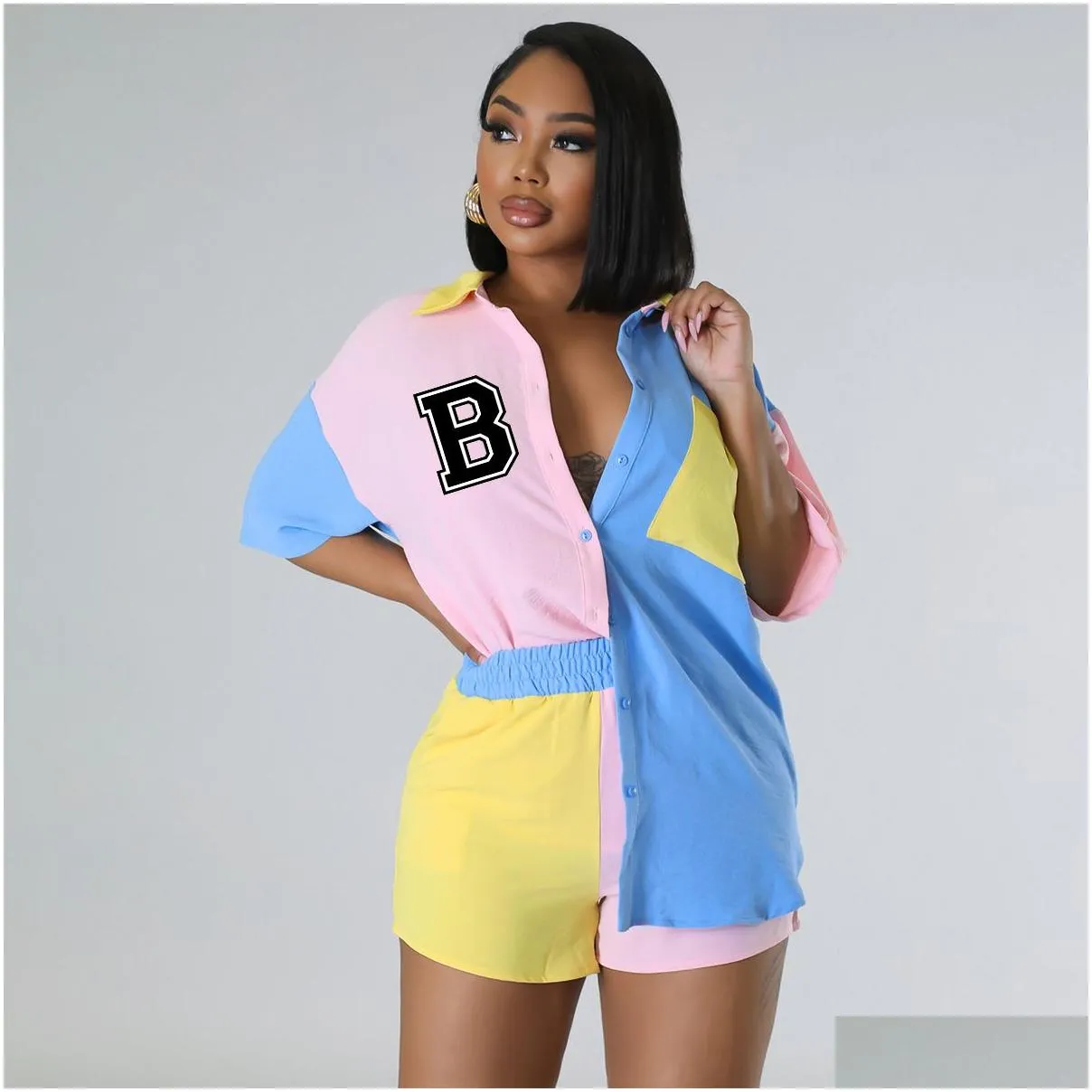 Women`S Two Piece Pants Womens Shirt Set Casual Color Band Letter B Loose Short Sleeve Shorts 230505 Drop Delivery Apparel Clothing S Dh1Ek