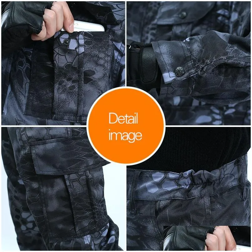 Men`S Tracksuits Mens Spring Summer Military Uniform Outdoor Camouflage Suit Black Python Pattern Wear-Resistant Overalls Labor Insur Dh5Mw