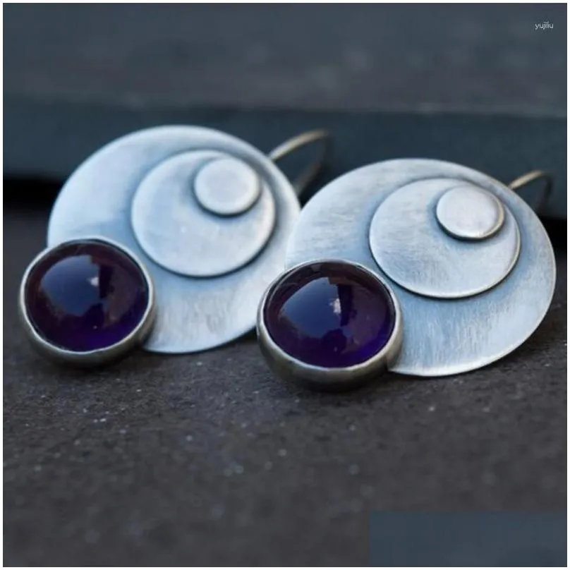 Dangle Earrings Retro Round Metal Purple Stone Drop Female Bohemian Circle Jewelry Antique Silver Color Carved Hook