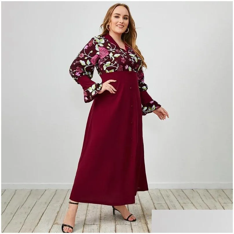 Plus Size Dresses Maketina Red Dress Women Autumn Winter Female V Neck Long Sleeve Embroidery Floral Party Maxi
