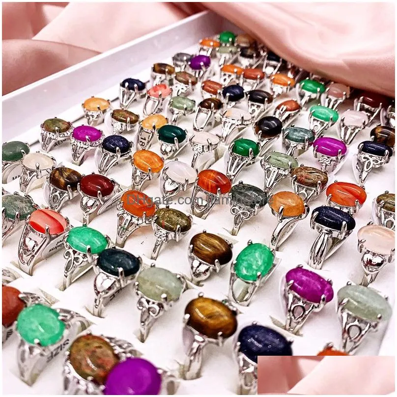 Retro 30Pcs/lot Natural Gem Stone band Rings newest beautiful Bohemia Style mixed Golden silvery Lovers charm Jewelry Fashion women and men