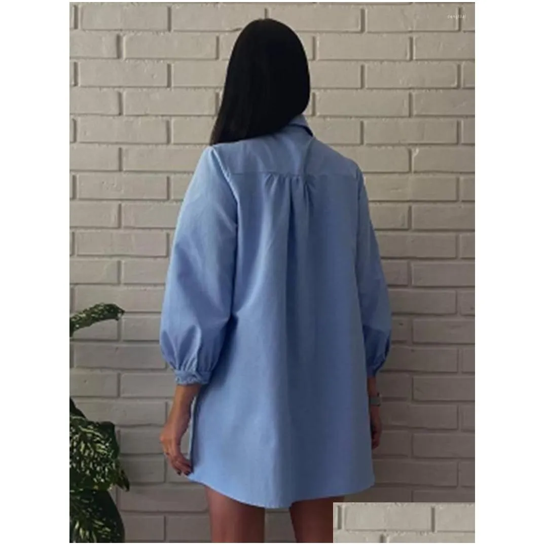 Casual Dresses Hollow Out Solid Shirt Dress 2023 Women Summer Turndown Collar Lantern Sleeve Embroidered Mini Fashion Vestidos