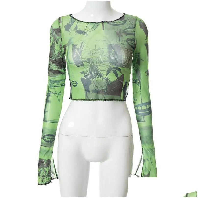 Women`S T-Shirt Womens Doury Graphic Print Green Mesh Sheer Long Flare Sleeve Slim Crop Tops Y See Trough Women Y2K Vintage Grunge Dro Dhuoi
