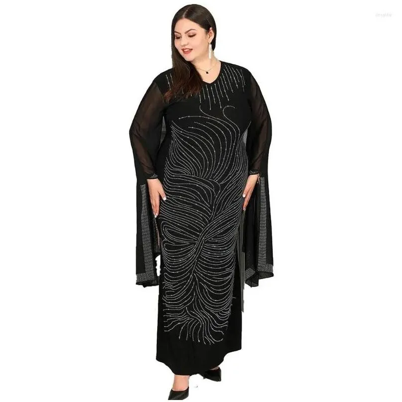 Plus Size Dresses Long Women With Diamond Ankle Length Robes Fashion Solid Elegant Streetwear Oversize Party Maxi Dress 2022