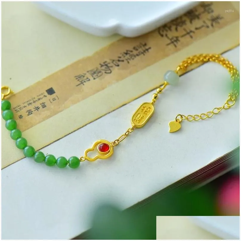 Link Bracelets 2023 Woman Bracelet Gothic Imitation Natural Hetian Jade  Green Round Beads Gold Plated Gourd Chinese Style